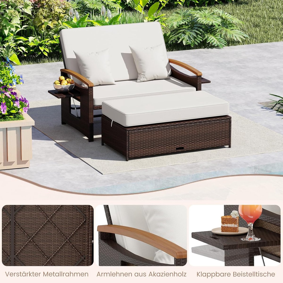 Zonnebed 2 persoons 164x166x54,5 cm met verstelbare rugleuning en zijtafels – Polyrotan ligbed met kussens en voetenbank, weerbestendig – Luxe tuin ligstoel wit – Urbanhome