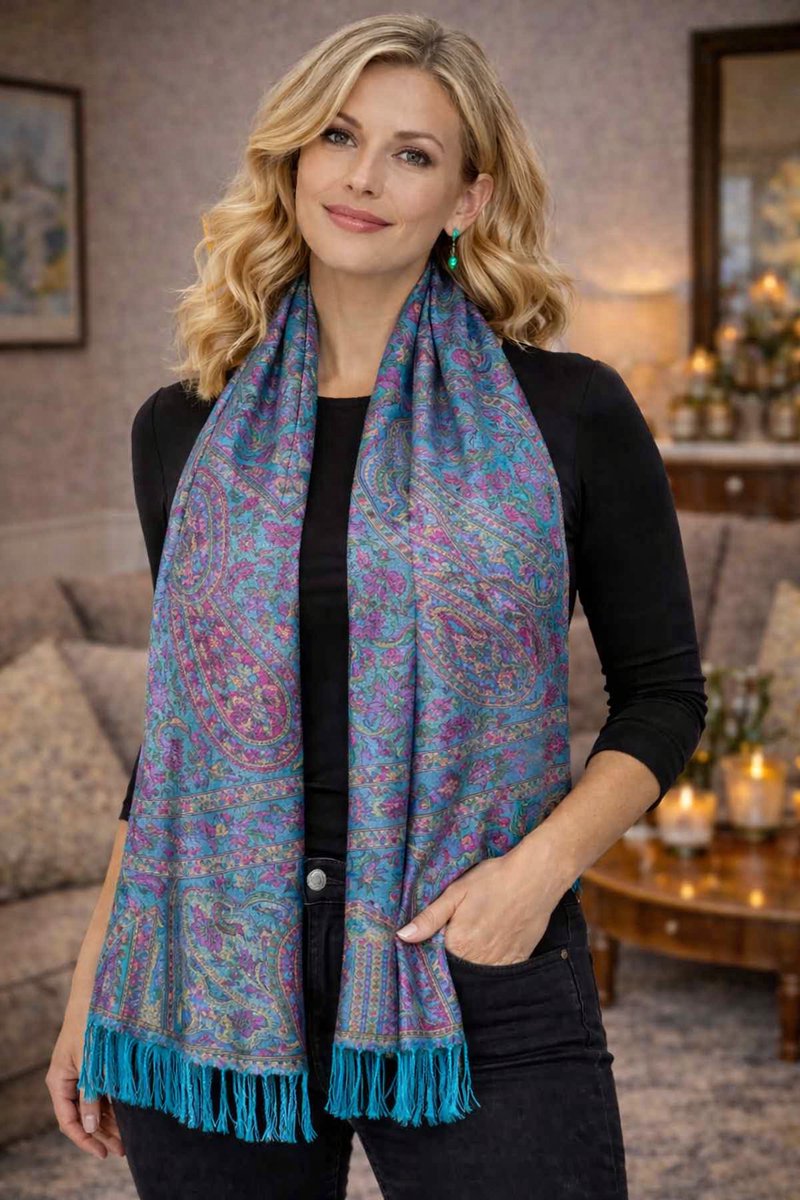 Luxe Pashmina Sjaal met Paisley Motief - Zachte Omslagdoek Dames - 180 x 70 cm - Fijn geweven Sjaal- Warme Wintersjaal - Stijlvolle Stola 206/1- Turquoise met Roodroze