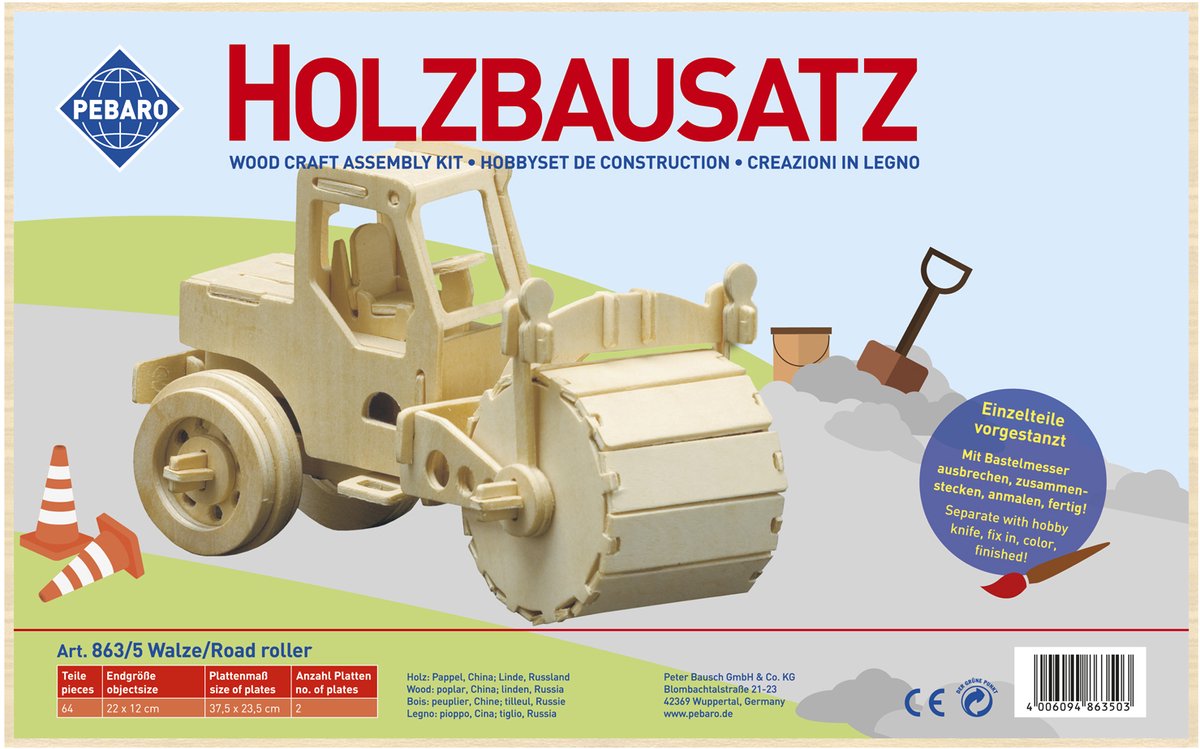 Pebaro houten bouwset wals - creatief bouwpakket voor kinderen.