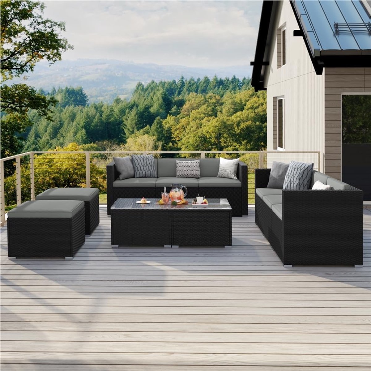 Luxe Modulaire 5-delige Rattan Loungeset voor Tuin en Balkon – Weerbestendige PE Rotan Outdoor Hoekbank Set met Kussens, Glazen Tafel en Stalen Frame (181,5 x 129,5 x 71 cm)