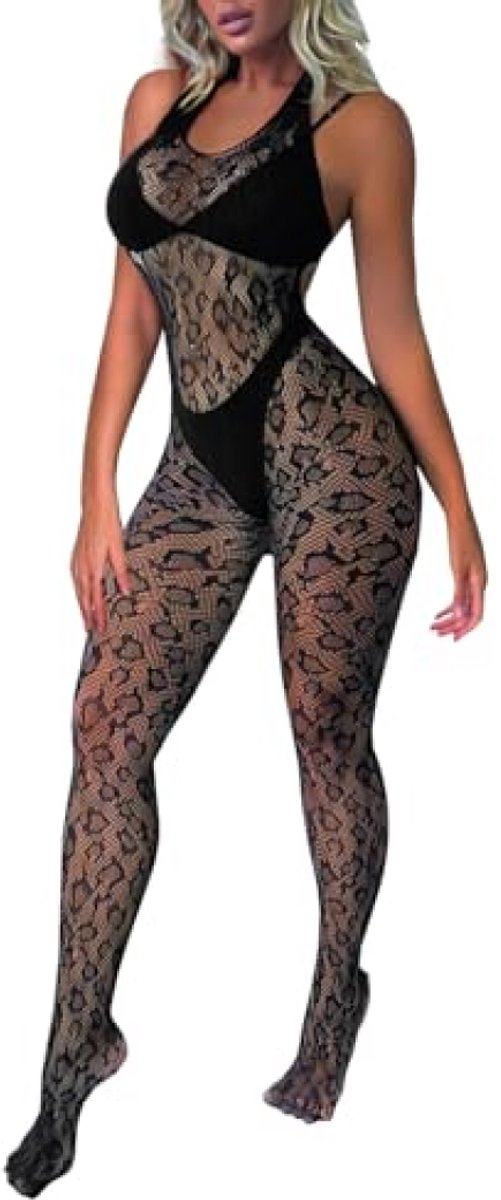 merkloos Luipaardprint bodystocking voor dames - sexy jumpsuit met mesh details - rekbaar en ademend