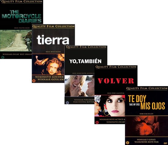 Een collage van 5 Spaanse dvd-hoezen: The Motorcycle Diaries, Tierra, Yo, También, Volver, Te doy Mis Ojos.