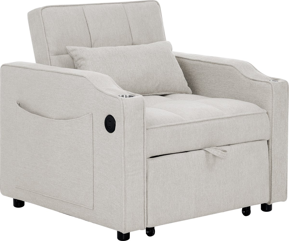 Merax 3-in-1 Slaapstoel - Fauteuil naar Bed 190cm - Uitklapbare Slaapbank met USB en Bekerhouder - Verstelbare Relaxstoel met Opbergtas - Compacte Logeerstoel - Beige