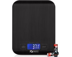 Smath® Keukenweegschaal Digitaal - Weegschaal Keuken RVS - Tarra Functie - 1g Nauwkeurig - 5kg - LED Display - Incl. Batterijen - Zwart