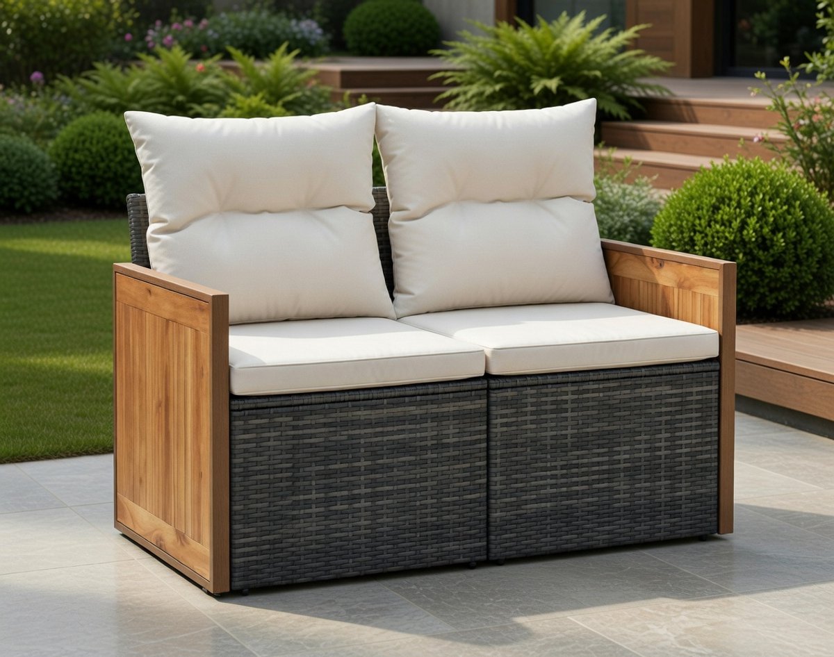 Luxe 2-Zits Tuinbank met Poly Rattan Kussens – Zwart – Comfortabele Outdoor Loungeset – MedaHomeStore
