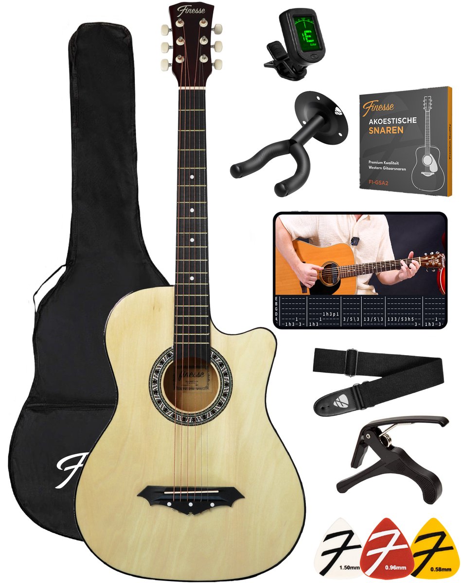 Finesse Akoestische Gitaar - met Videocursus - Western Gitaar - Gitaar Kind & Volwassenen - Naturel