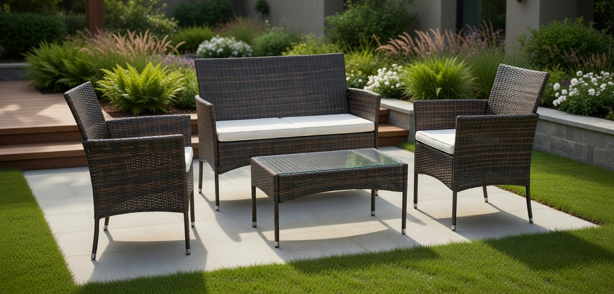 Luxe 4-Zits Wicker Tuinmeubelset CORDOUE – Brown Woven Resin Met Crème Kussens | MedaHomeStore –