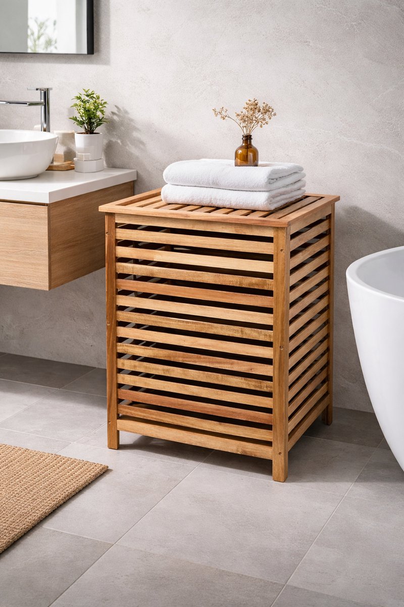 Stijlvolle Houten Wasmand met Polyester Binnenvoering – 41,5 × 40 × 57 cm