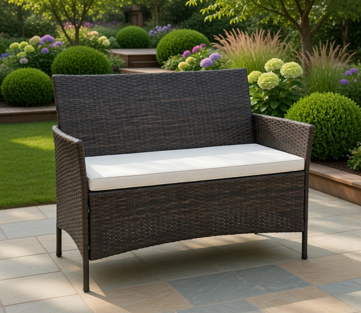 Luxe 2-Zits Polyrattan Tuinbank Halden – Bruin Melange met Crème Kussen – Weerbestendig Buitenmeubilair voor Balkon, Tuin en Terras | MedaHomeStore