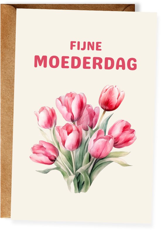 Crèmekleurige Moederdagkaart met roze tulpen en de tekst Fijne Moederdag, inclusief bruine envelop.