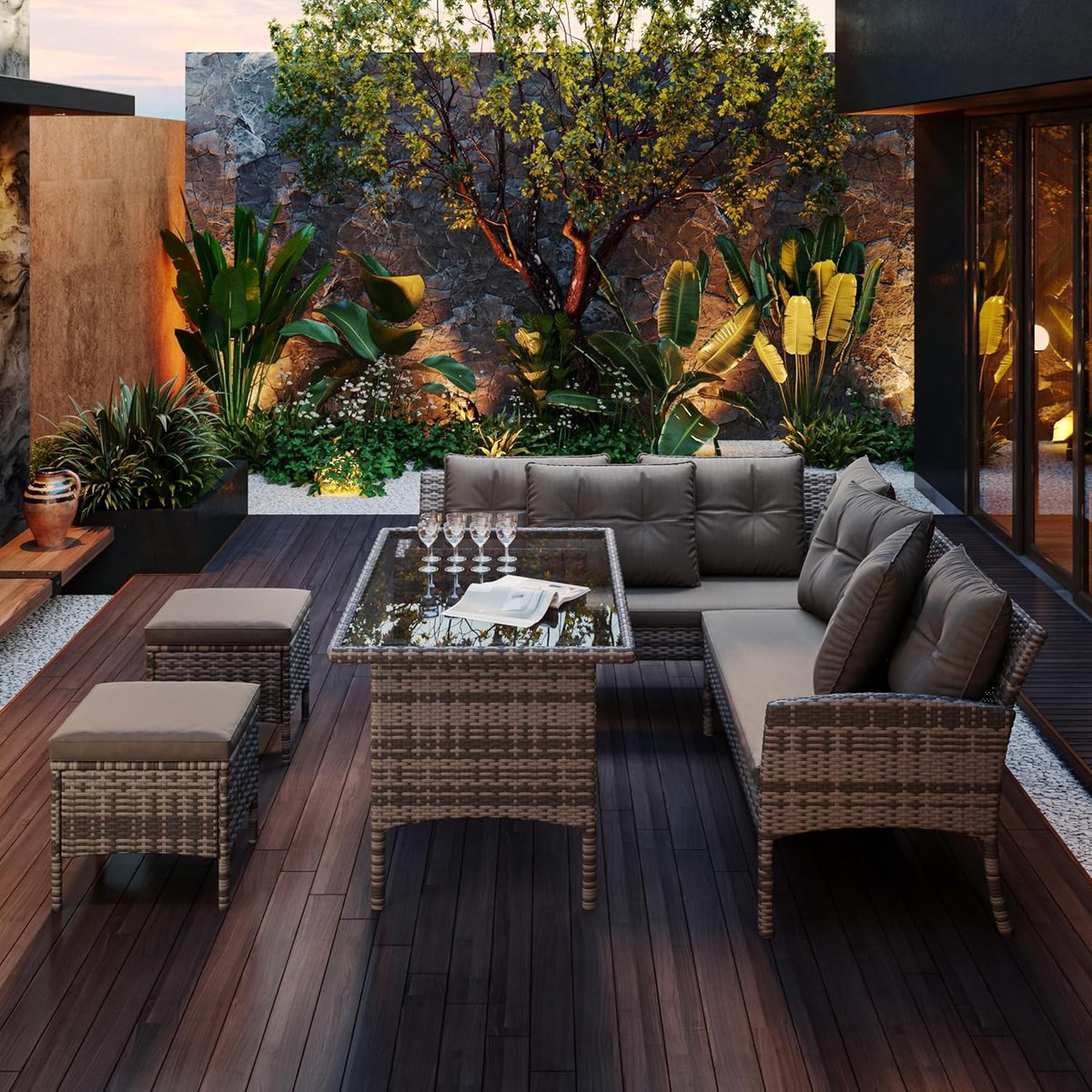 Luxe 7-Persoons Poly Rattan Tuin Lounge Dining Set met Tafel, Sofa en Krukjes 195 x 144 x 78 cm Weerbestendig en UV-bestendig Grijs