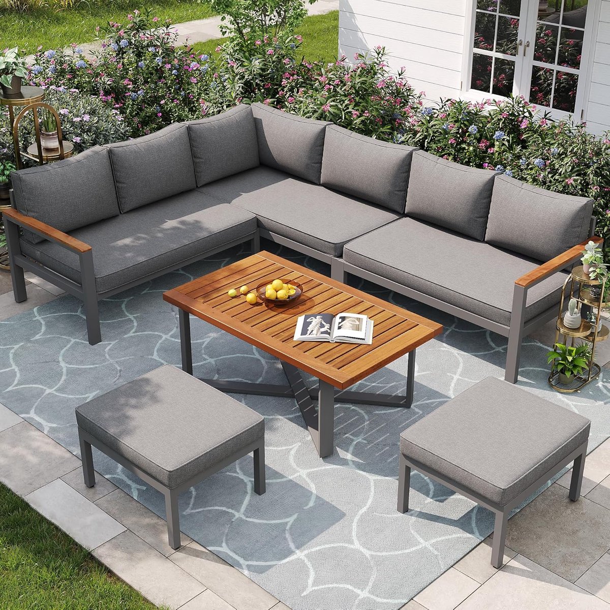 Luxora Modulaire Luxe Tuin Lounge Dining Set 6-delig voor 7-8 Personen met Tafel en Verstelbare Voeten – Weerbestendige Buiten Meubelset met Houten Tafelblad en Stalen Frame