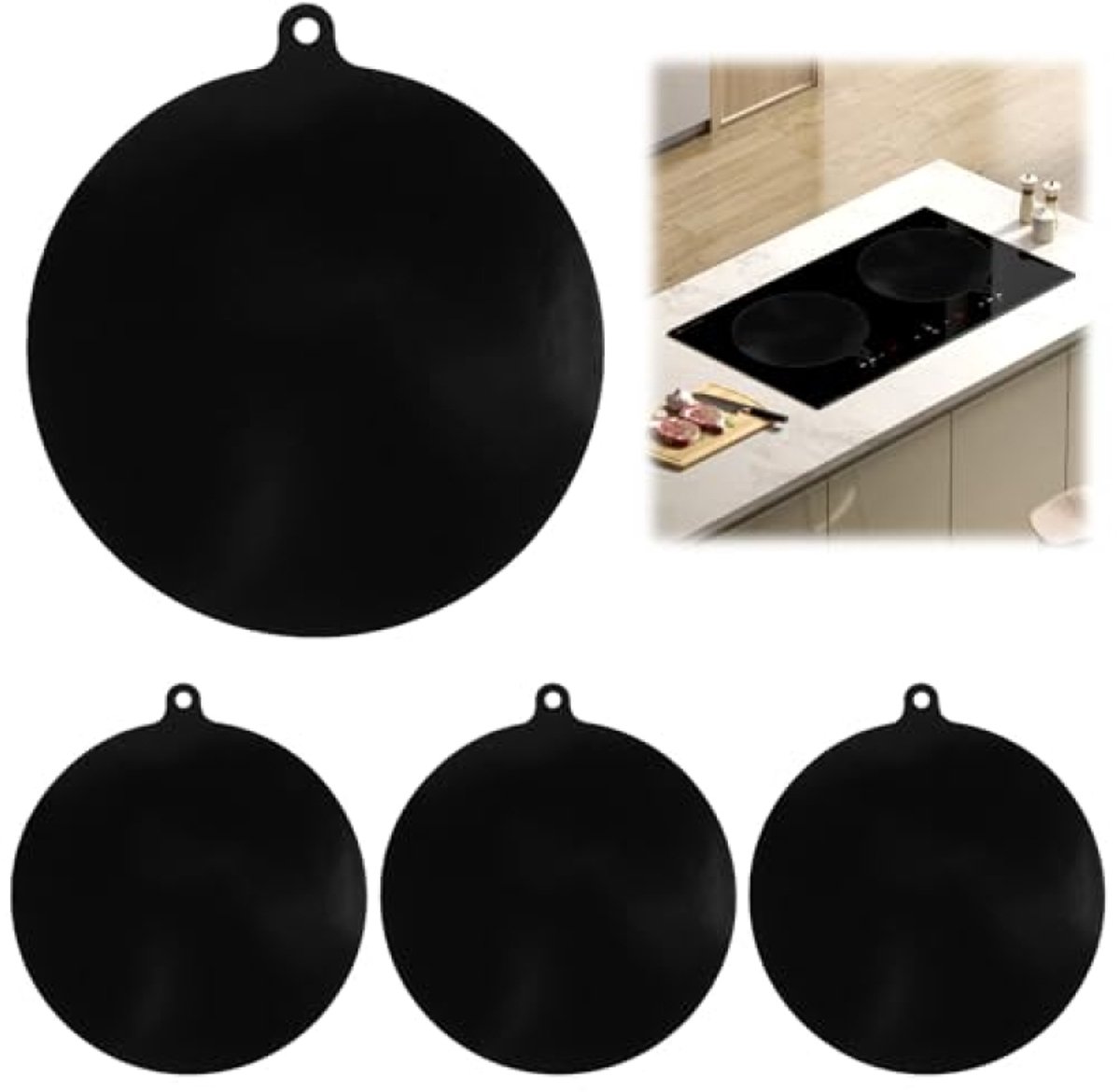 Set van 4 inductiebeschermers, zwarte siliconen matten Ø 22 cm met ophanggaten