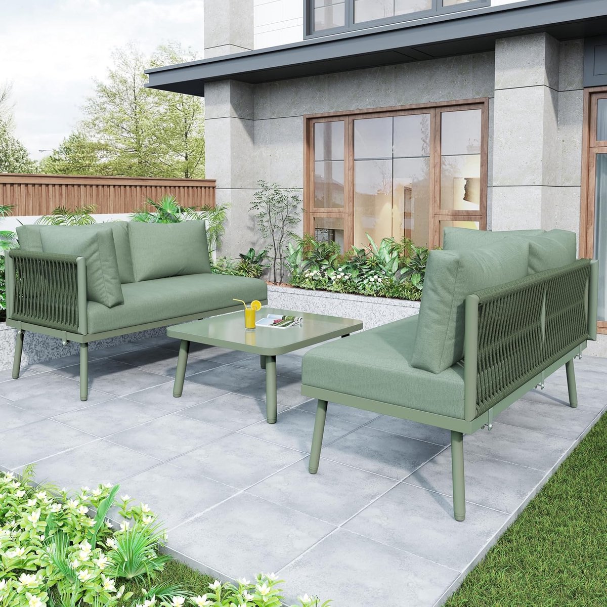 Luxe Industriële L-vormige Tuin Loungeset Groen Touw met Tafel en Kussens – 2 Zits Banken met Tempered Glass Salontafel, Weerbestendig IJzeren Frame 120x60x72 cm