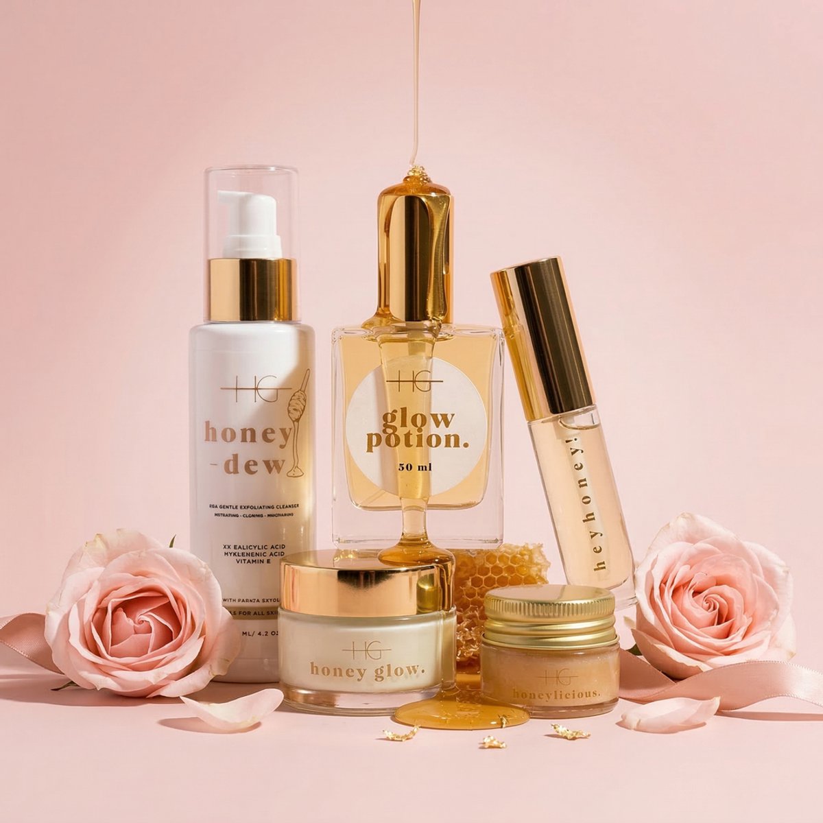 HG Aesthetics Moederdag Skincare Set Gezichtsverzorging – Honing Skincare Beauty Set met Cleanser, Moisturizer, Dry Oil & Lip Serum – Complete Glow Huid Routine – Luxe Verzorgingsset – Moederdag Cadeau