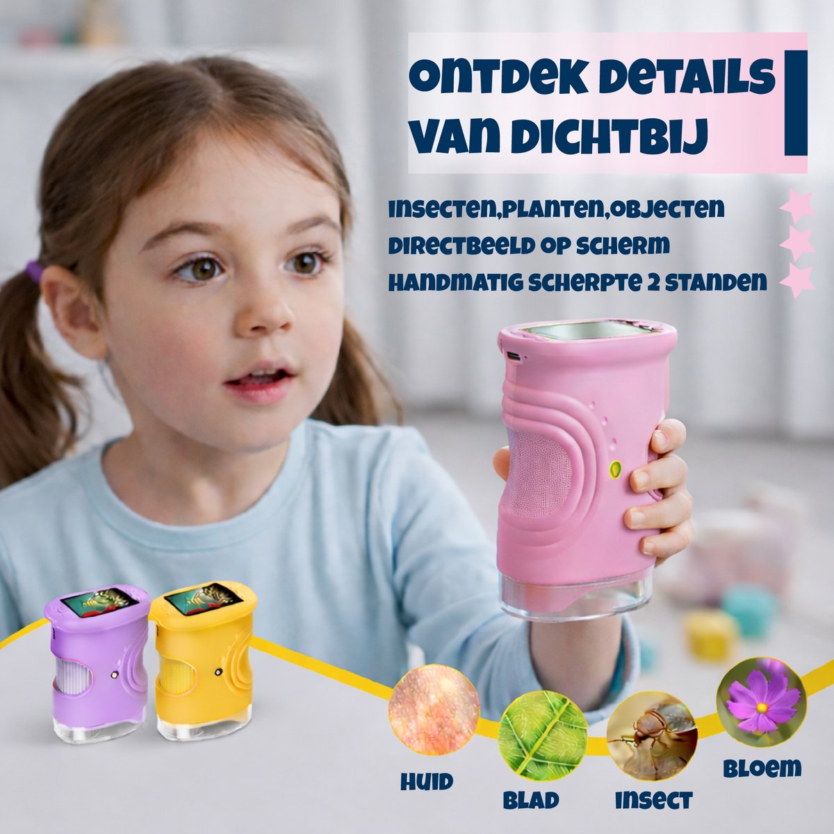 DUTCHPOWER Digitale Microscoop 1000x-4K-voor Kinderen – Draagbare Handmicroscoop met Foto & Video – STEM Educatief Speelgoed voor Ontdekken in Tuin en Natuur – Geschikt voor 4 t/m 12 jaar-Roze — afbeelding 5