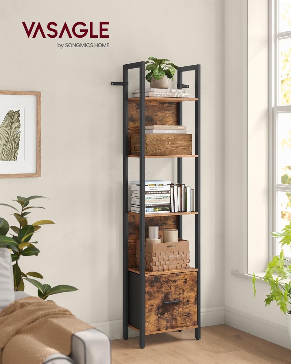 Hoekrek Boekenkast 40x165 cm met 5 Niveaus en Lade – Industrieel Ladderrek Vintage Bruin Zwart voor Woonkamer en Kantoor – Urbanhome