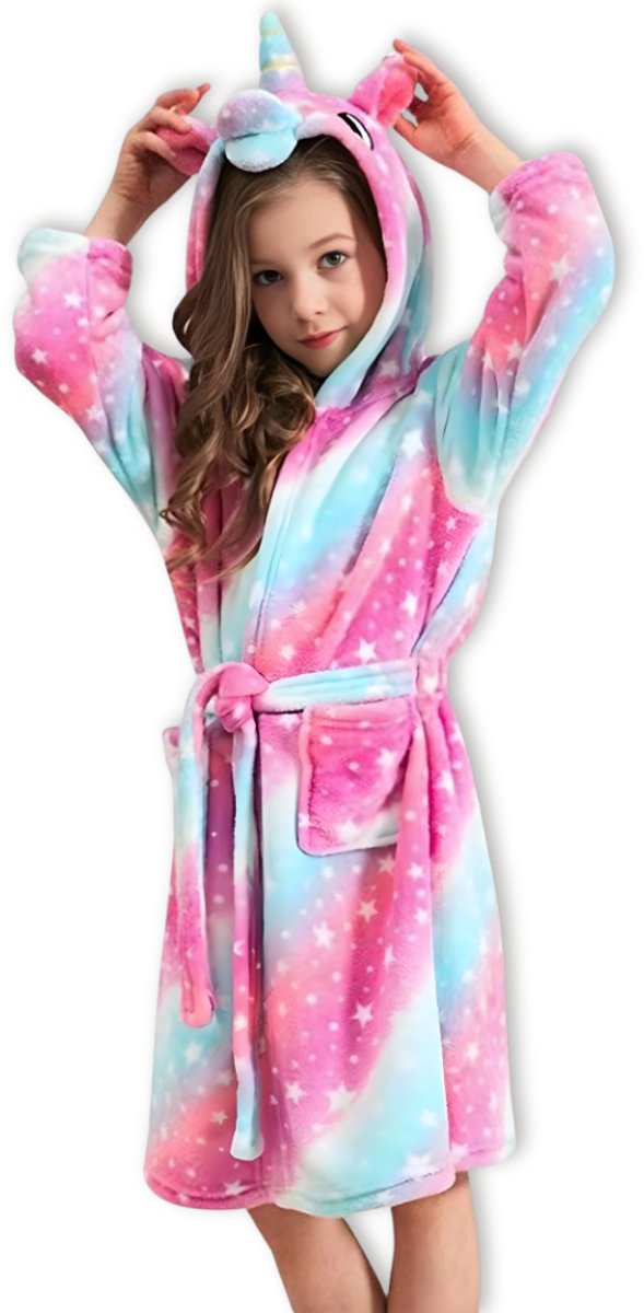 BoefieBoef Kinderbadjas Regenboog Eenhoorn – Ochtendjas & Pyjamajas voor Jongens en Meisjes – Zacht Flanel – Unicorn – 5-10 Jaar Lengte 120-140 cm