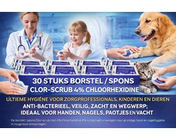 30 STUKS BORSTEL / SPONS CLOR-SCRUB 4% CHLOORHEXIDINE – ULTIEME HYGIËNE VOOR ZORGPROFESSIONALS, KINDEREN EN DIEREN – ANTI-BACTERIEEL, VEILIG, ZACHT EN WEGWERP, IDEAAL VOOR HANDEN, NAGELS, PAOTJES EN VACHT