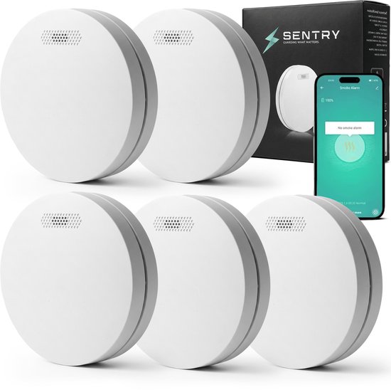 Sentry ONE – Smart Rookmelder 5-Pack – WiFi & App – 10 Jaar Batterij – Draadloos Koppelbare Slimme Rookmelder / Brandmelder – Ideale Set voor Woning