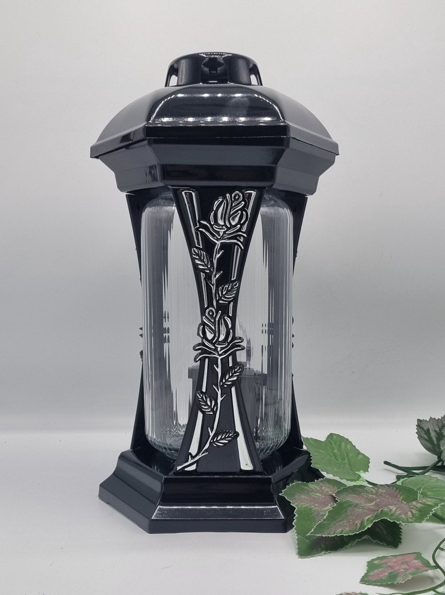 Lubema Herdenkingslicht - L-40 - Roos - Lantaren - Zilver - Incl LED wit (Zwart) - Windlicht - Graflicht - Grafkaars