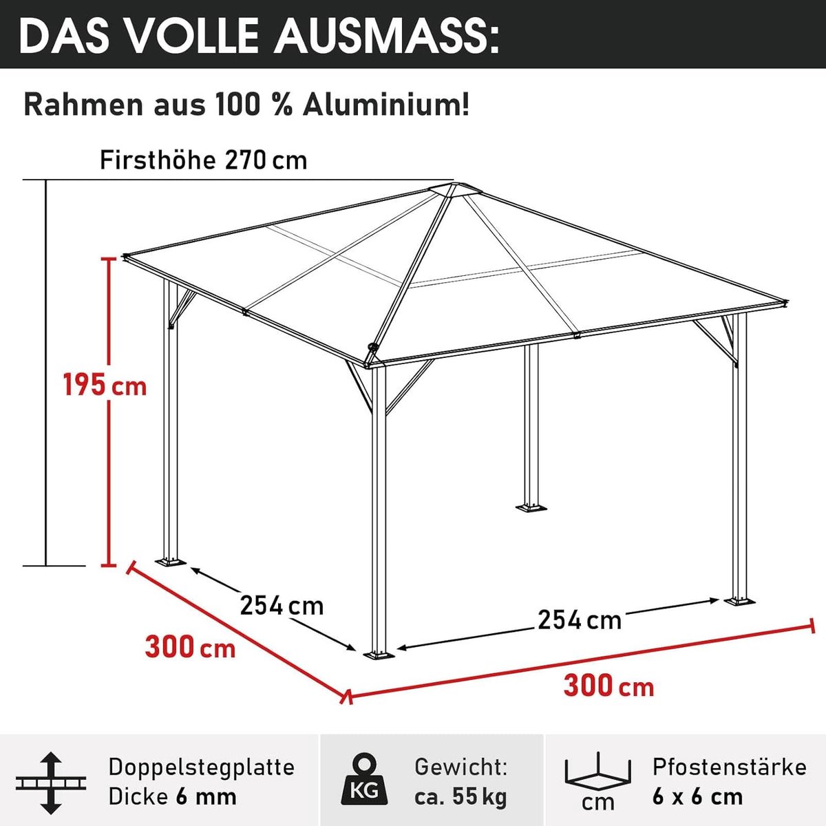 Tuinpaviljoen 3x3 m Hardtop Aluminium met LED Verlichting en Polycarbonaat Dak 6 mm – Waterdicht, UV-Bescherming, Inclusief Muggennet en Zijpanelen, Winterbestendig Grijs – Laura