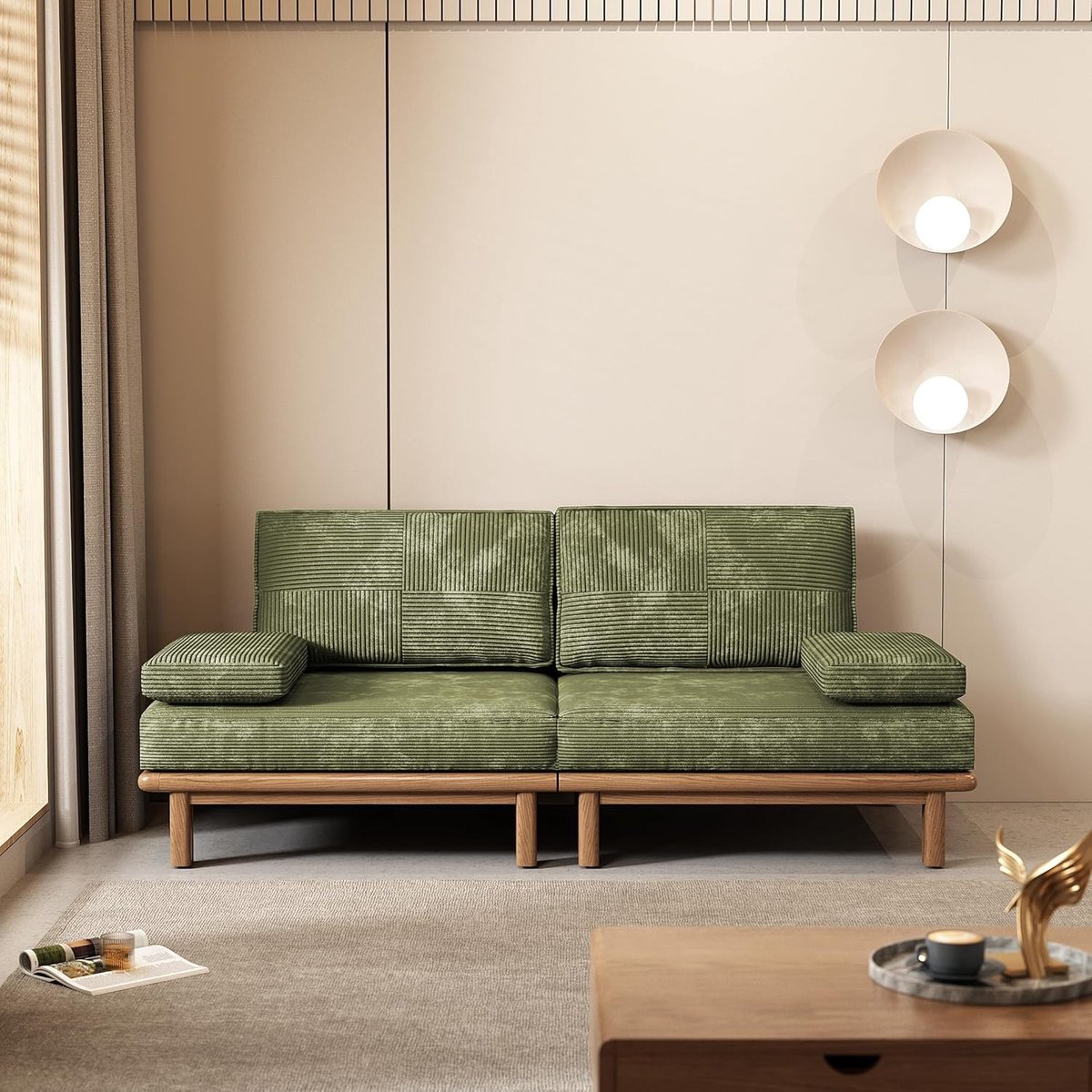 Slaapbank 200 cm – Modulaire Design Futon Bank met Massief Houten Frame, Corduroy Bekleding, Uitschuifbaar tot Bed – 90x200x75 cm – Groen – Urbanhome