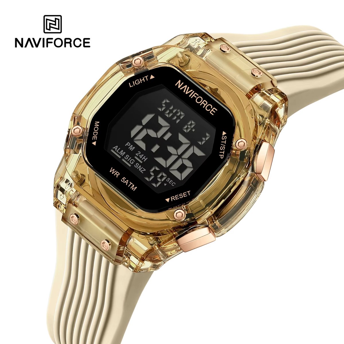 NAVIFORCE horloge met beige siliconen polsband, zwarte wijzerplaat en roze gouden horlogekast voor jongens en meisjes met stijl ( model 6114 RGBG )