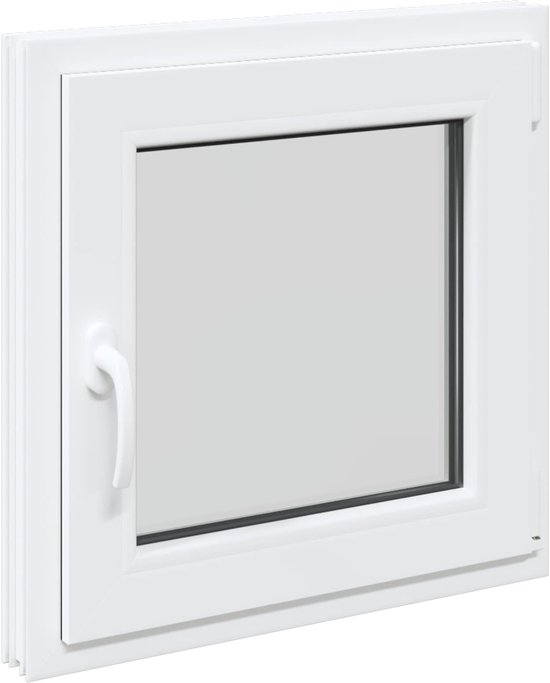 Wit PVC raam met grijze beglazing, schuin van voren gezien.