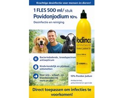 FLES 500 ml/stuk Povidon Jodium 10%. Desinfectie reinigin te vergelijken met Betadine. Ontsmettingsmiddel, bactericide, breedspectrum antisepticum, antischimmel, , antiprotozoale en sporicide voor algemeen actueel gebruik.