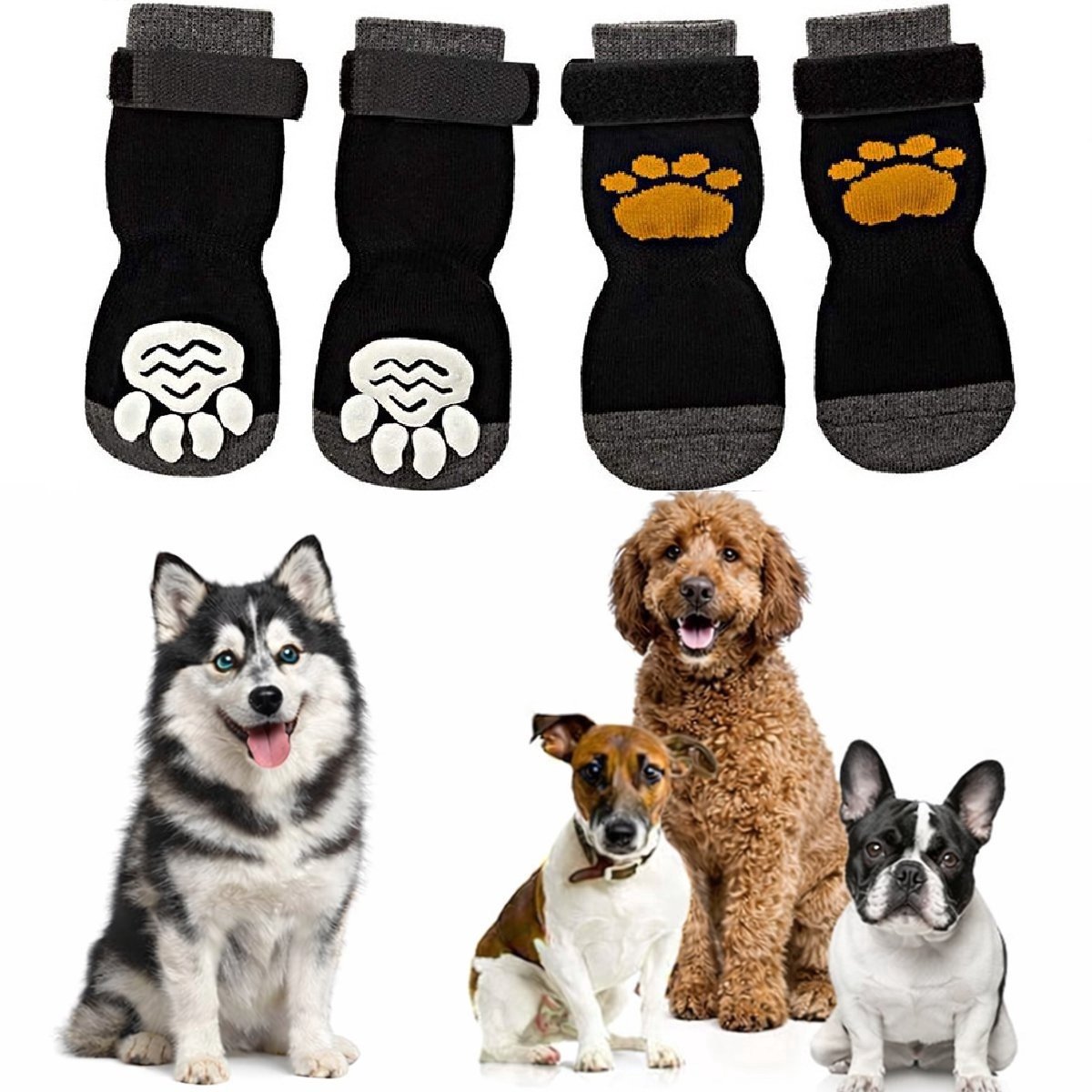 Aventrix Hondensokken Antislip – Maat S – Honden Sokken tegen Uitglijden en Likkende Poten – Klittenband – Pootbescherming Binnen & Buiten – Set van 4 - zwart/grijs/geel