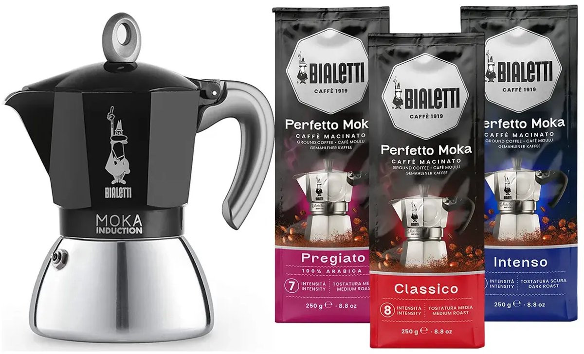 Bialetti Moka Inductie Zwart - 4-kops - 150ml + Bialetti Koffie Proefpakket 3 x 250gr