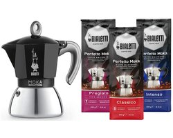 Bialetti Moka Inductie Zwart - 2-kops - 100ml + Bialetti Koffie Proefpakket 3 x 250gr