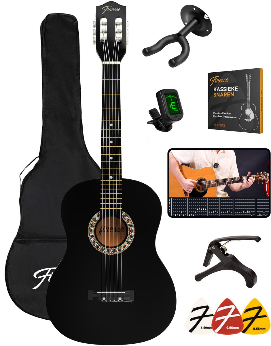 Bol.com Finesse Akoestische Gitaar - met Videocursus - Nylon Snaren - Klassieke Gitaar - Spaanse Gitaar - Kind - Volwassenen - Z... aanbieding