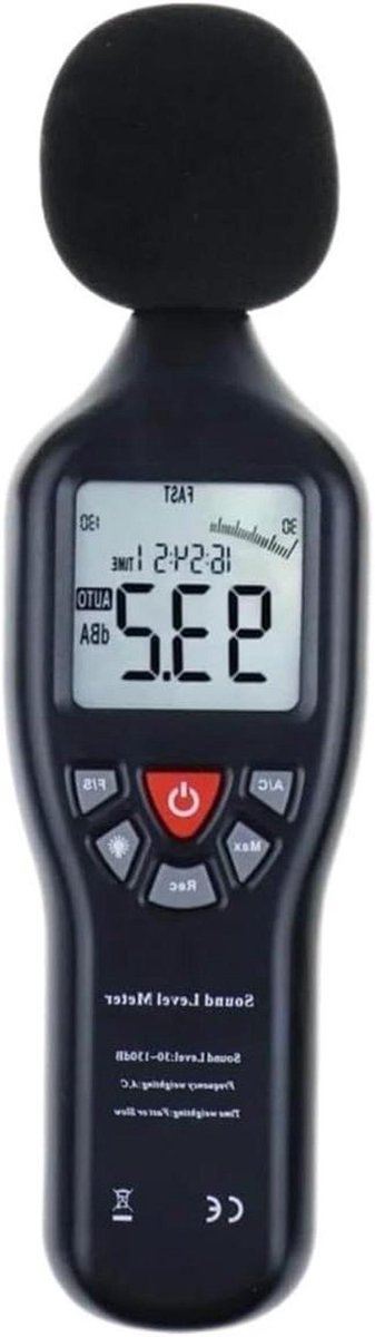 Geluidsmeter - Decibelmeter Geluid - Geluidsmetingen Uitvoeren - Datalogging Functie - 30-130 dB - Zwart