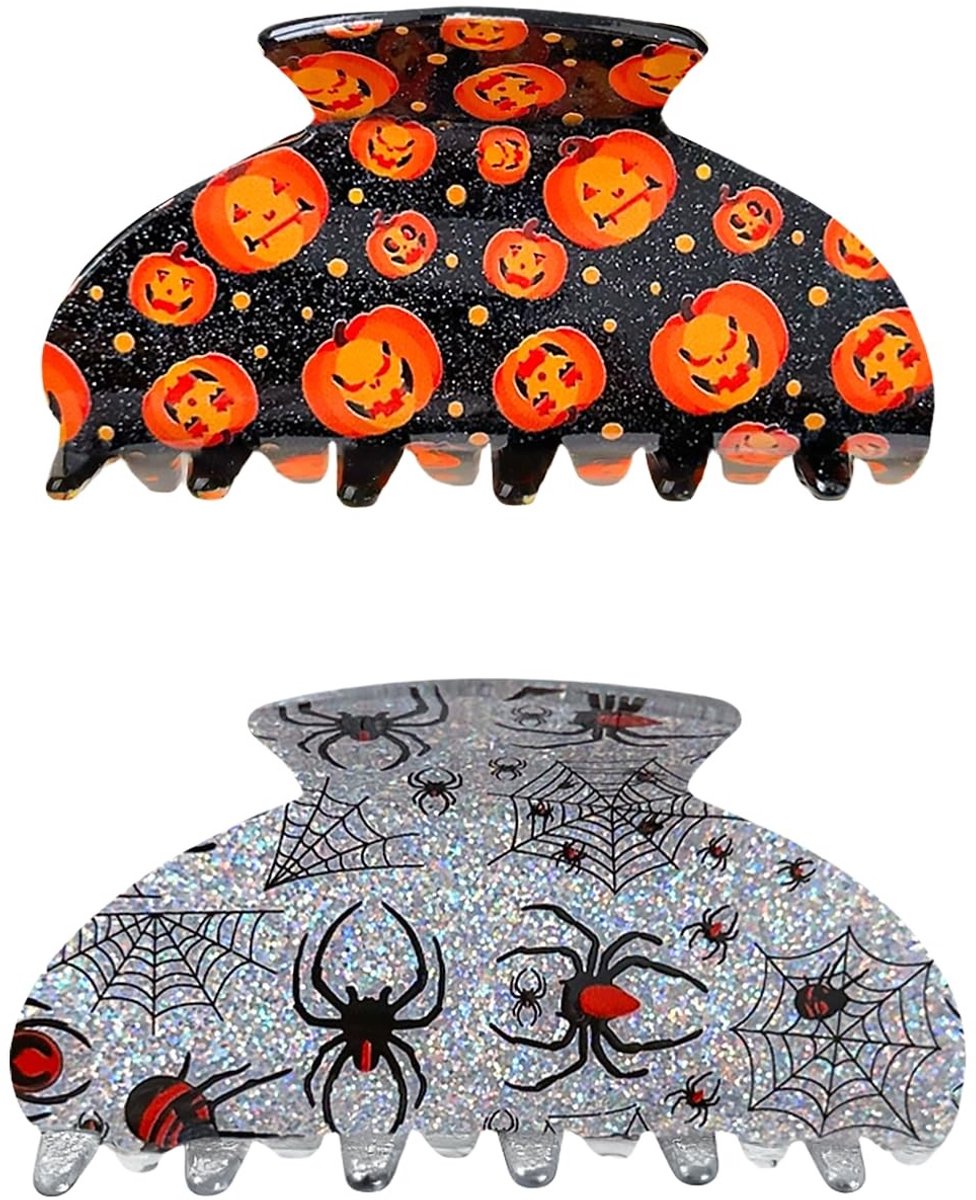 Dailygoods- Haarspelden Halloween - 2 Stuks Acryl - Paardenstaart Haarspelden - Spookachtige Haarclips - Pompoen/Spin - 5,5 x 9 cm