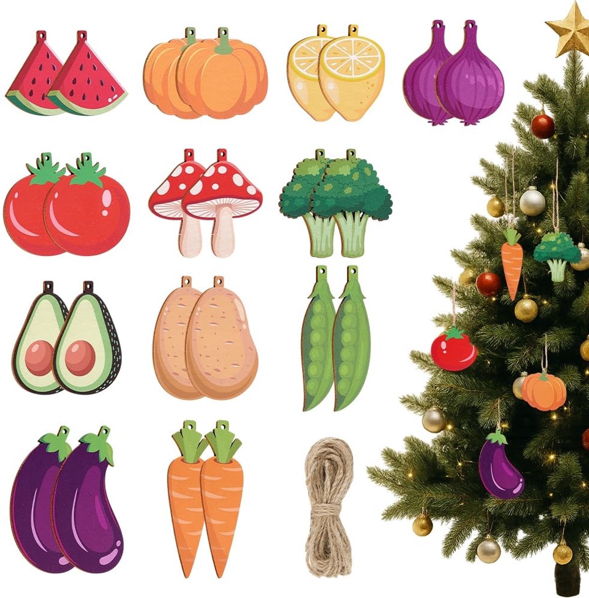 Dailygoods- Kerstboomversiering 24 Stuks - Houten Ornamenten - Veelkleurig - Decoratieve Hangers - Fruitschijven - Afmetingen: Uien, Watermeloen, Wortel, Citroen, Aubergine, Broccoli, Paddenstoel, Aardappel, Erwten - Kerstornamenten