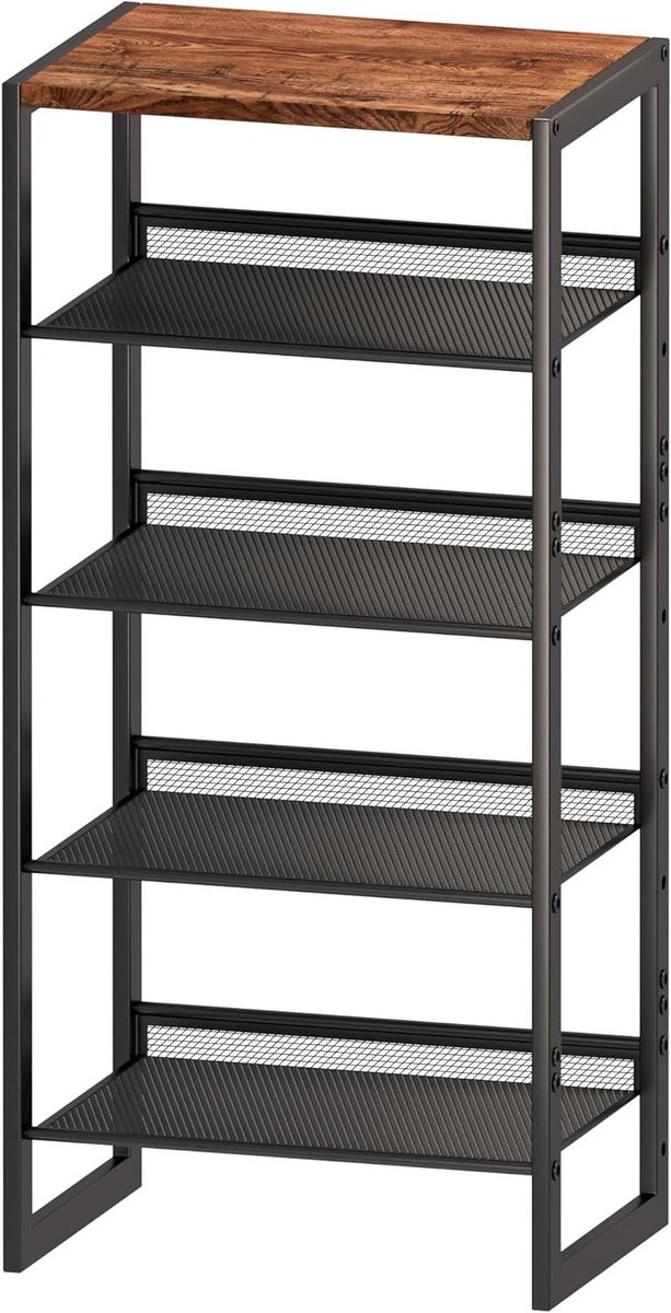 Schoenenrek met 5 niveaus - Smalle opberger - Ruimte besparen - Decoratieve houten bovenkant - 40 x 36 cm - Zwart