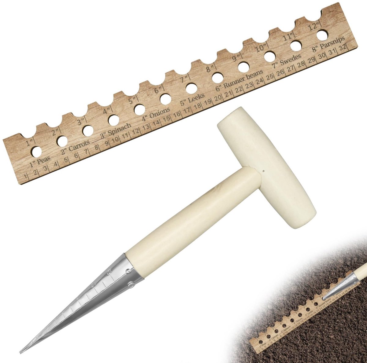 Dailygoods- Handdibber Tuingereedschap - Houten Zaden Planting Liniaal - Zaden Spacing Gereedschap - 1 Stuk - Tuinieren - Precisie Gaten - Zaaigereedschap