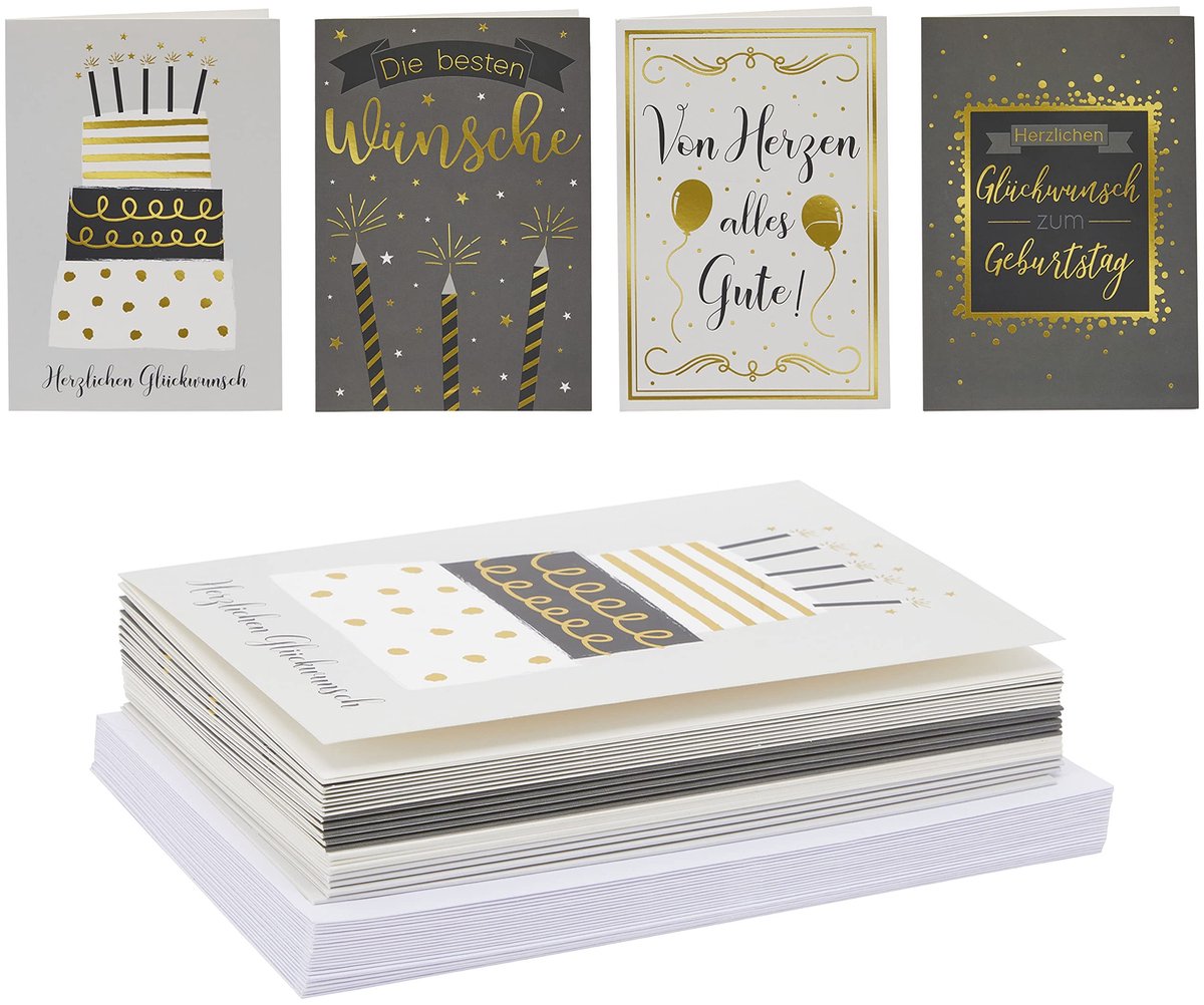 Dailygoods- Verjaardagskaarten set - 24 stuks met enveloppen - 4 motieven met goudfolie - 11,6 x 16,6 cm - Lege binnenkant voor persoonlijke boodschap - Wenskaarten