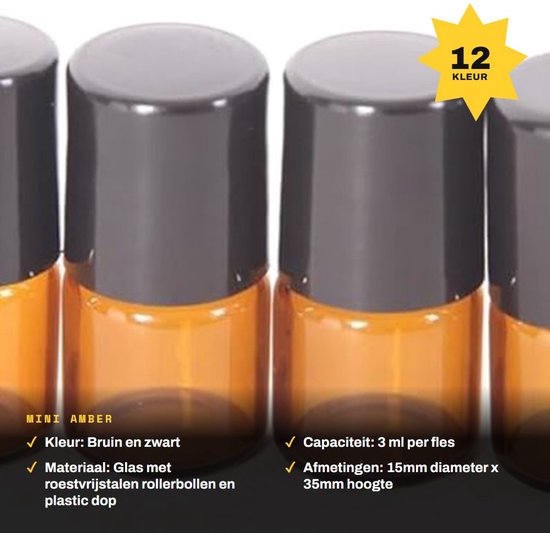 Solidchoice - Dailygoody - Mini Amber Glazen Roller Flessen - 12x 3ml - Perfect voor Essentiële Olie - Hergbruikbaar - Parfum - Ideaal voor DIY - Geschikt voor Reiz van Solidchoice — afbeelding 3