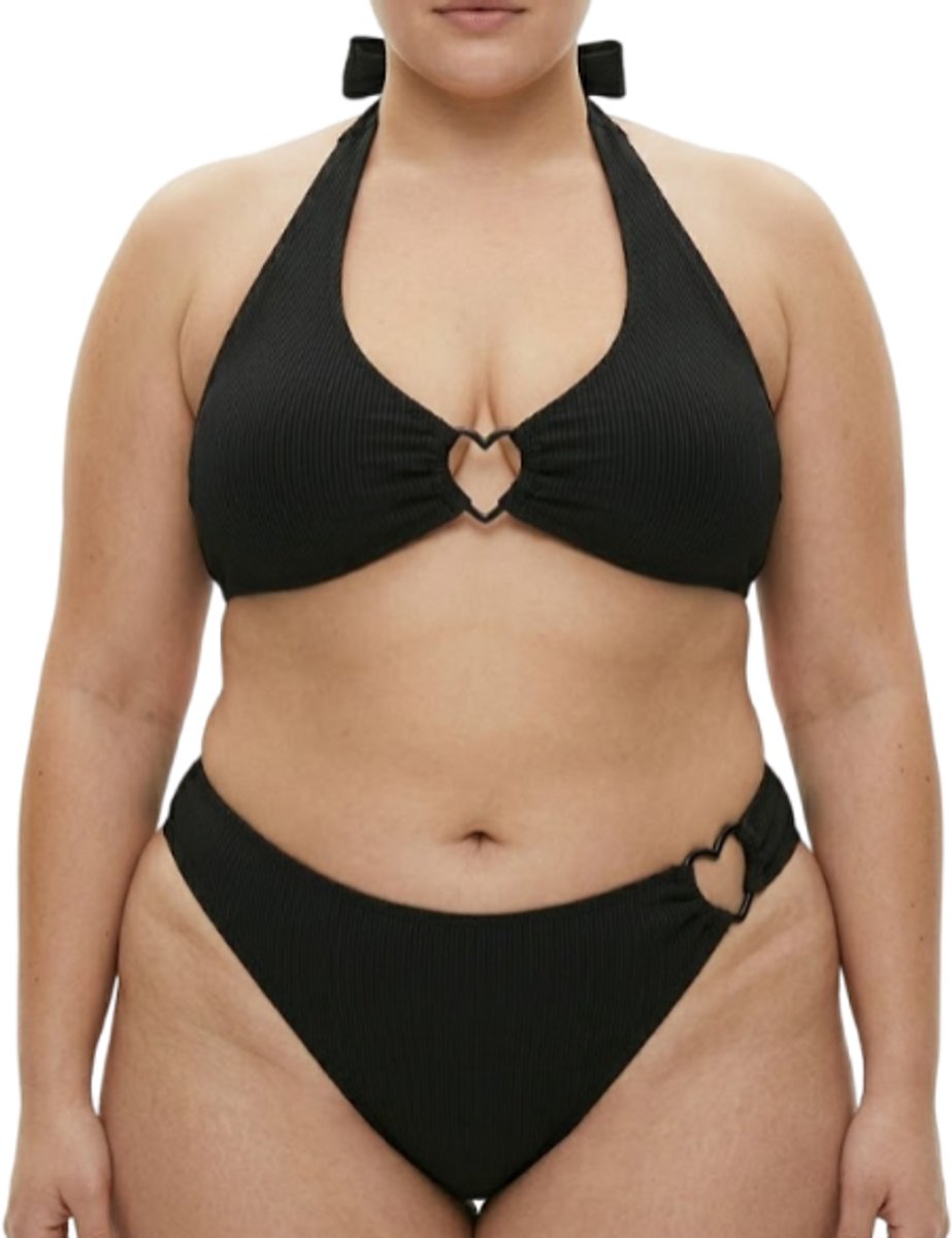 Zwart bikini set dames halter bikini zwempakset met ribstructuur en ring detail 2 delige strandkleding vakantie zwemkleding maat XL