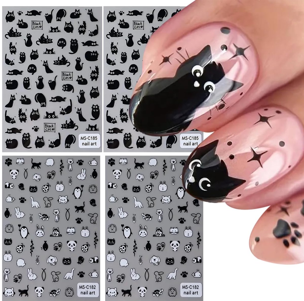 Dailygoods- Nagelstickers 4 vellen - Zelfklevend - Kattendesigns - 3D-effect - Nail art voor kinderen - Creatieve nagelverfraaiing