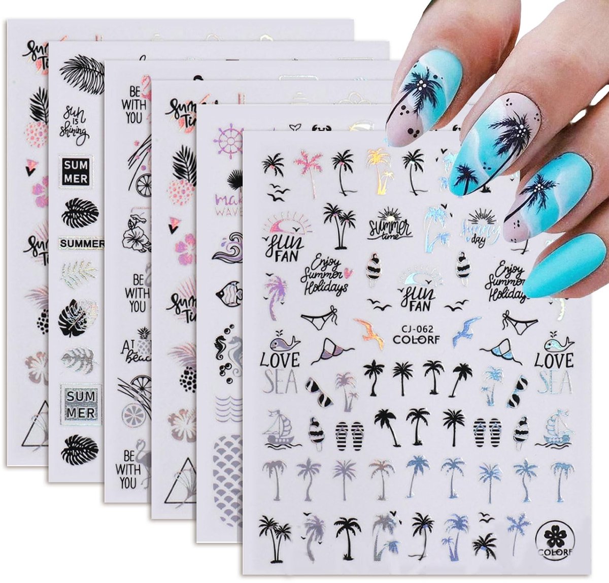 Dailygoods- Nagelstickers 3D Laser - 6 Vellen Zelfklevende Nagelstickers - Tropische Planten - Zee/Nagelontwerp - Zomer Decoratie - Geschikt voor Nageldesign - Nageldecoratie