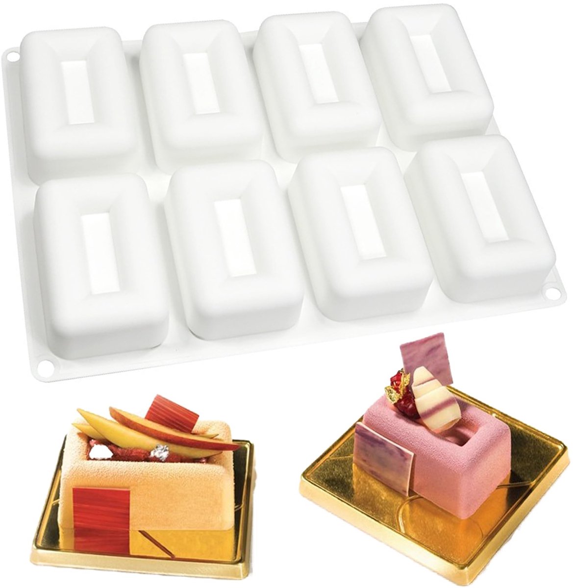 Dailygoods- Siliconen Vorm - Rechthoekig - 8 Gaten - Bakvormen - Mousse/Dessert - Hoogwaardige Siliconen - 28,9 x 21 x 3,4 cm - Bakvorm