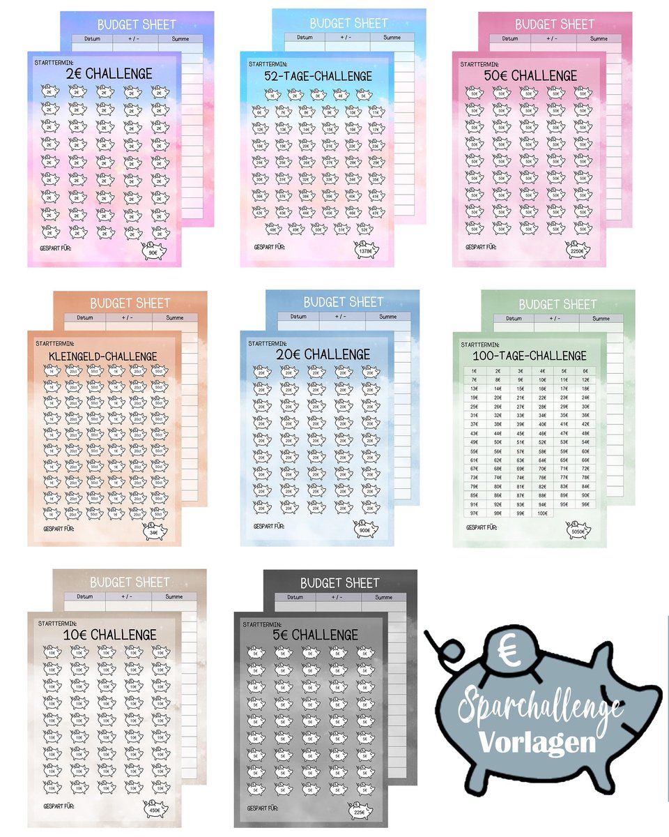 Dailygoods- Budgetplanner Duits - Set van 24 - A6 - 8 Kleuren - Sparchallenge - Hoogwaardig Papier - Duurzaam en Robuust - Spaarplanner