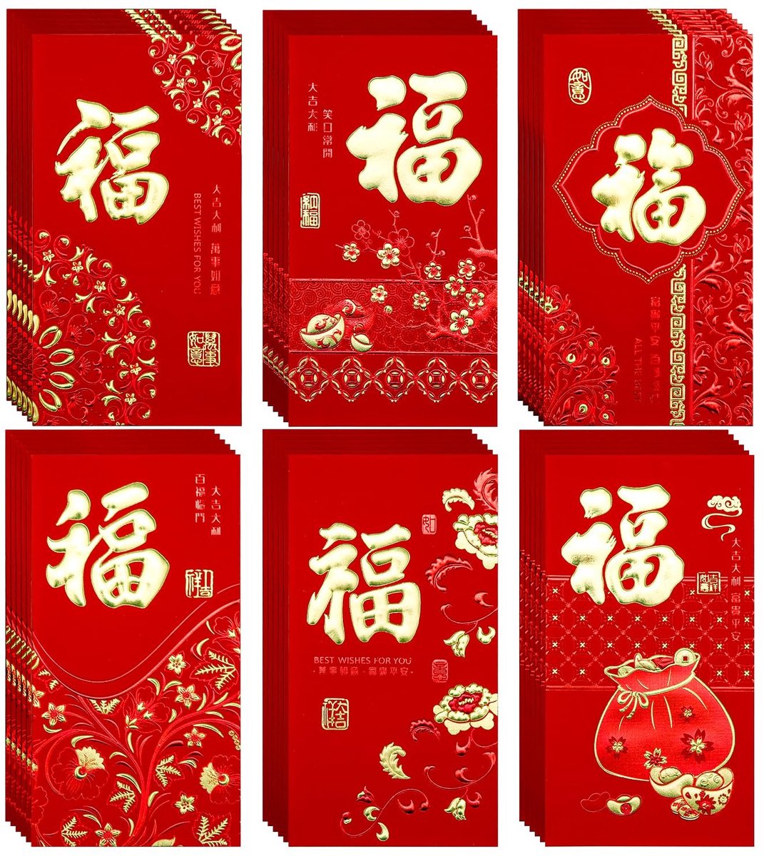 Dailygoods- Geluksgeldenveloppen 36 Stuks - Chinese Rode Enveloppen 17x9cm - Gouden Accenten - Feestelijke Ontwerpen - Nieuwjaarsgeschenken - Papier Materialen