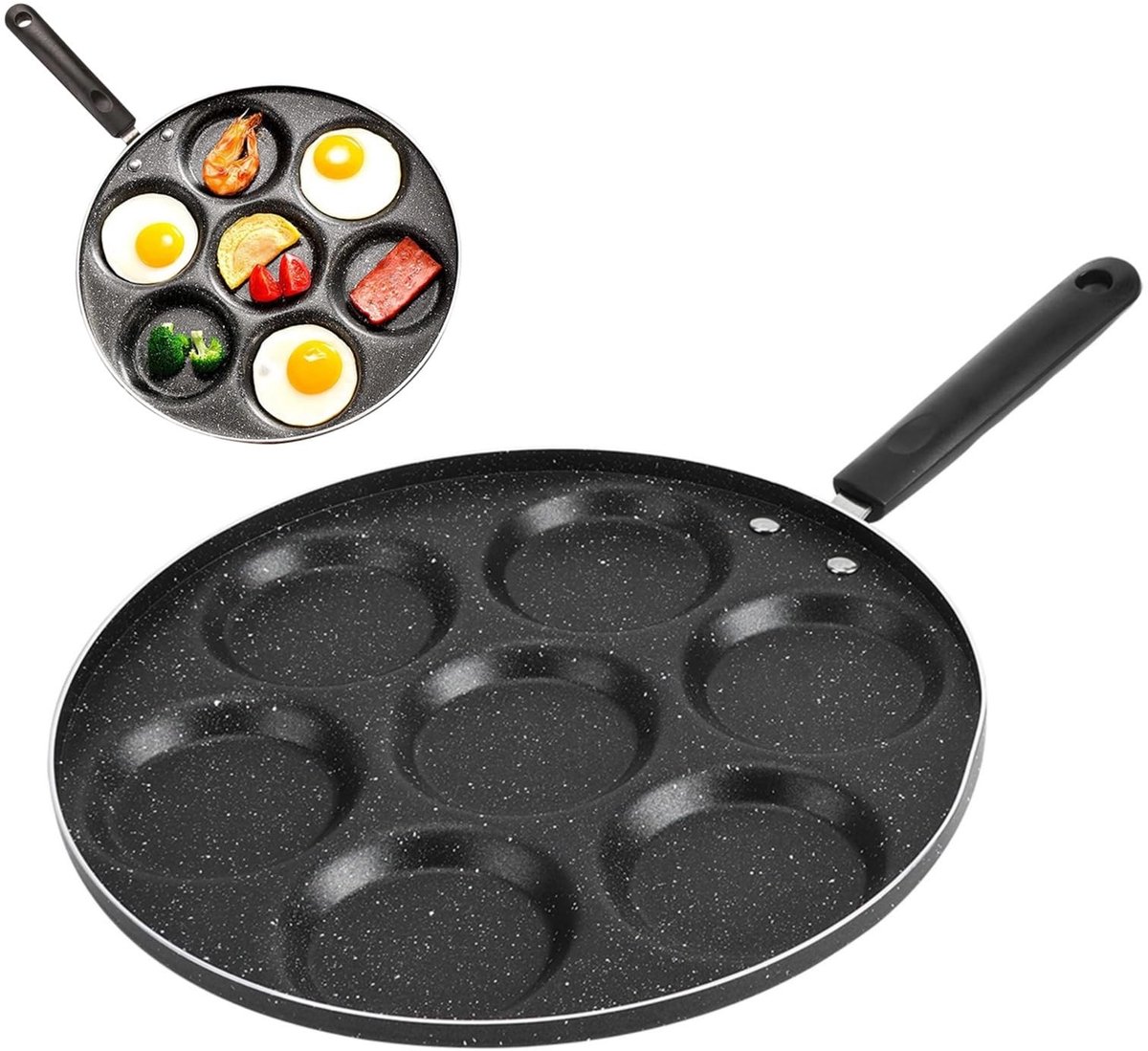 Dailygoods- Eierpan 7 Kop - Maifan Antiaanbaklaag - Gelijkmatig Verwarmd - Hittebestendig Handvat - Duurzaam Aluminium - Geschikt voor Thuis/Restaurant - Koekenpan
