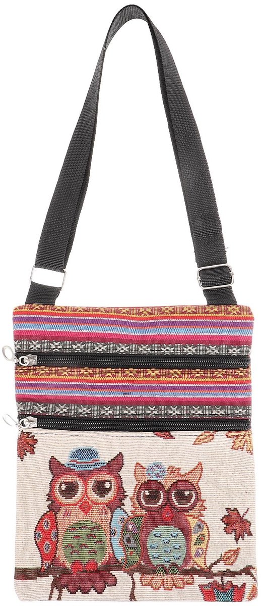 Dailygoods- Crossbody Tas Duurzaam - Canvas Tas - Etnische Stof - Uilmotief - Grote Capaciteit - Handgenaaid - Schoudertas