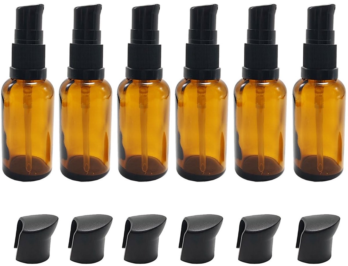 Dailygoods- Pompflessen 30ml - 6 Stuks - Amber Glas - Herbruikbaar - Lichtbescherming - Compact voor Reizen - Cosmetic Flessen